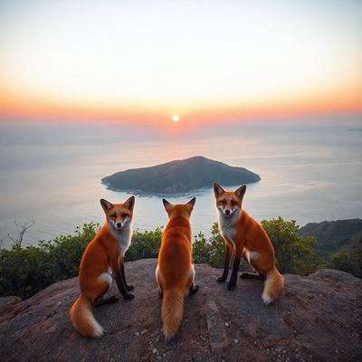 The primary subject of the image is a group of three foxes sitting on a rocky hillside overlooking the ocean. The setting is a beautiful coastal landscape with the ocean in the background. The visual style of the image is a photo, capturing the natural beauty of the foxes and their surroundings. The colors and mood of the image are serene and peaceful, with the foxes seemingly enjoying their time on the hillside.